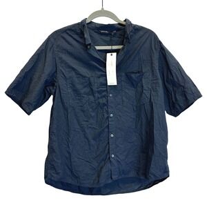 Pas de Calais Lux Couture Navy Crinkle Blouse Cotton Button Up Shirt Size 40 L